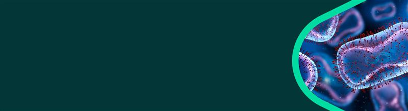Web banner with an AI generated image of the mpox pathogen