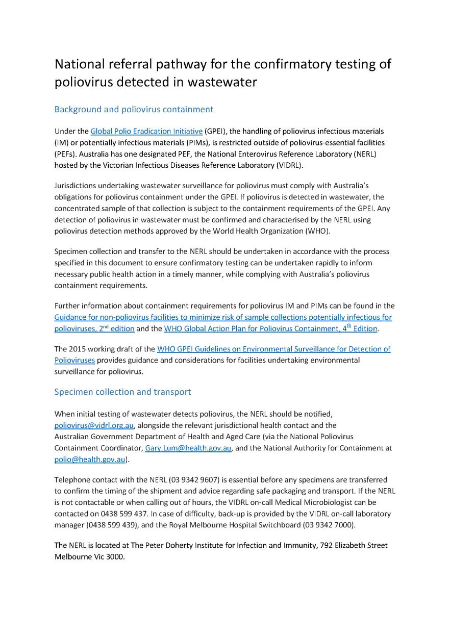PHLN referral pathway for poliovirus confirmatory testing | Australian ...