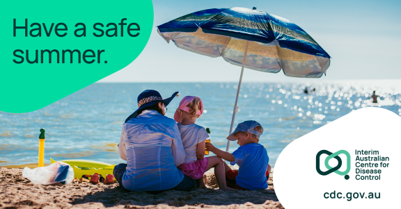 Image of people at the beach, with the words 'have a safe summer'