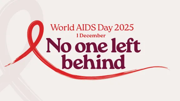Image of the World Aids Day ribbon with the words "World Aids Day 2025. 1 December. No one left behind" 
