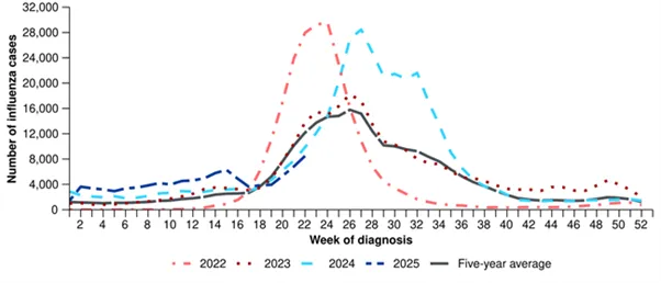 Chart showing flu cases 2022 to June 2025