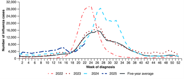 Chart showing flu cases 2022 to June 2025