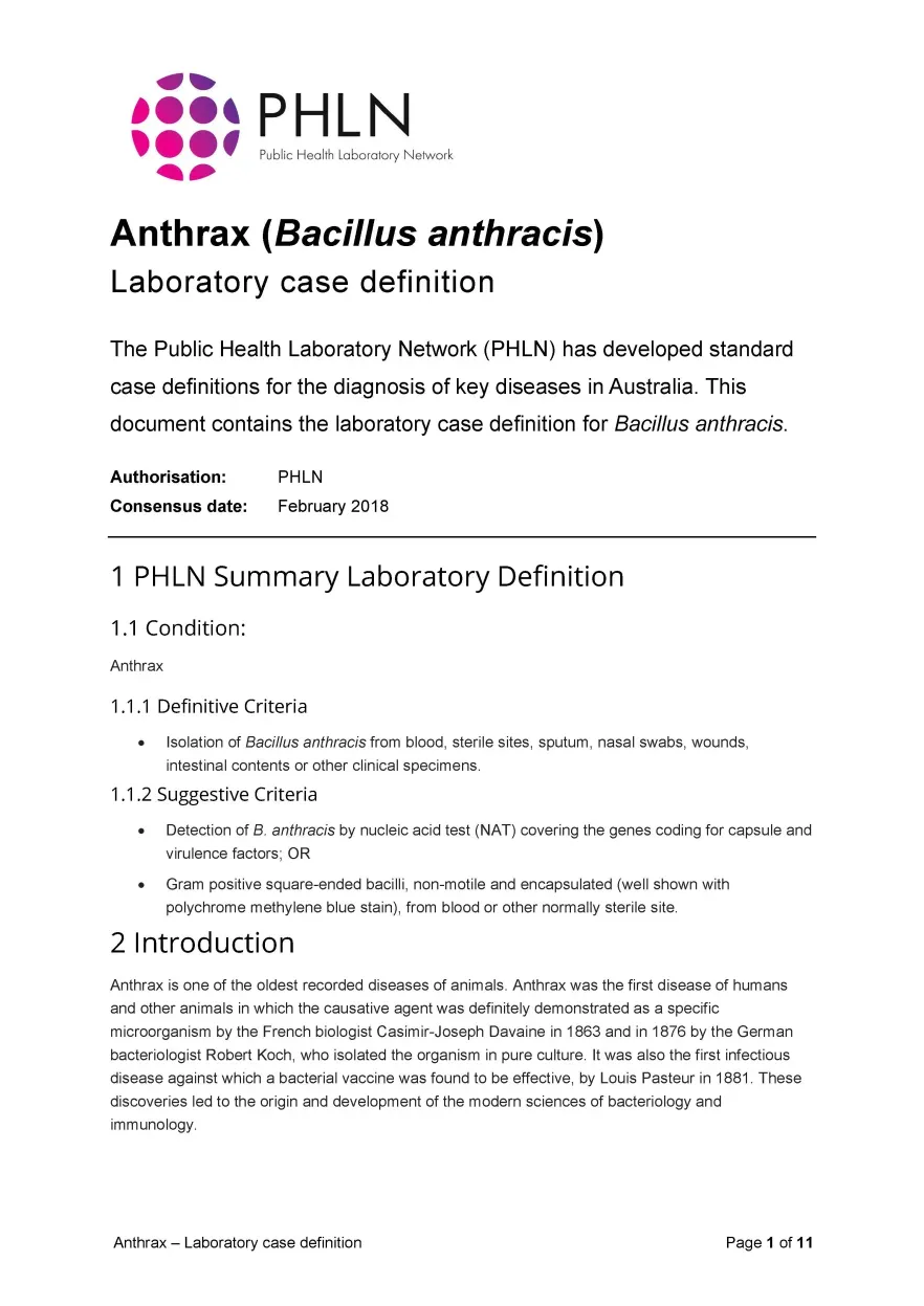 First page of laboratory case definition document