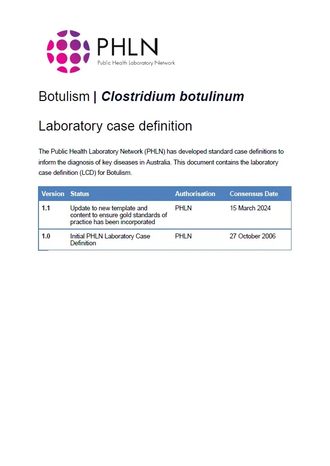 First page of laboratory case definition document