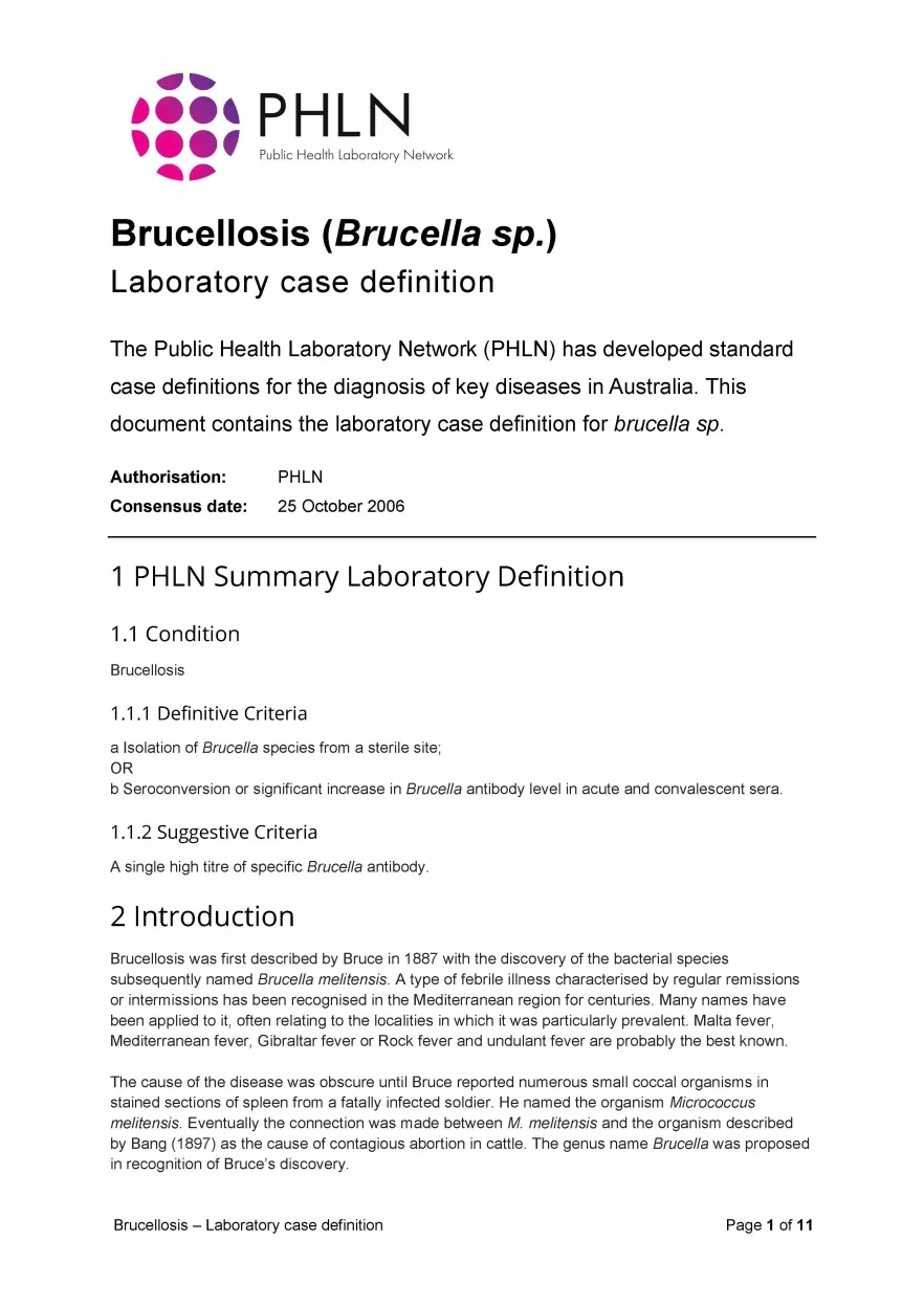 First page of laboratory case definition document