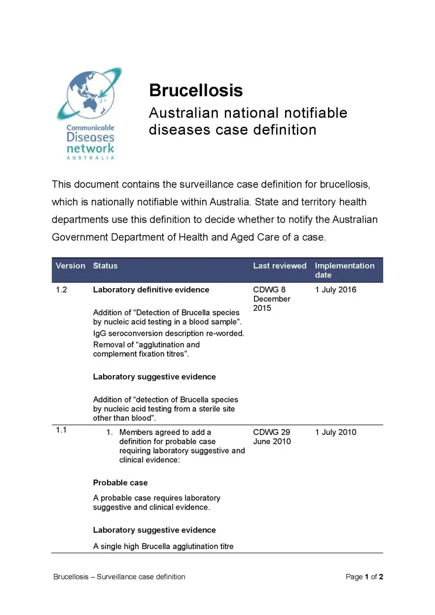 Brucellosis - Surveillance case definition document