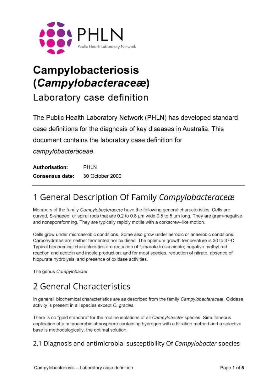 First page of laboratory case definition document