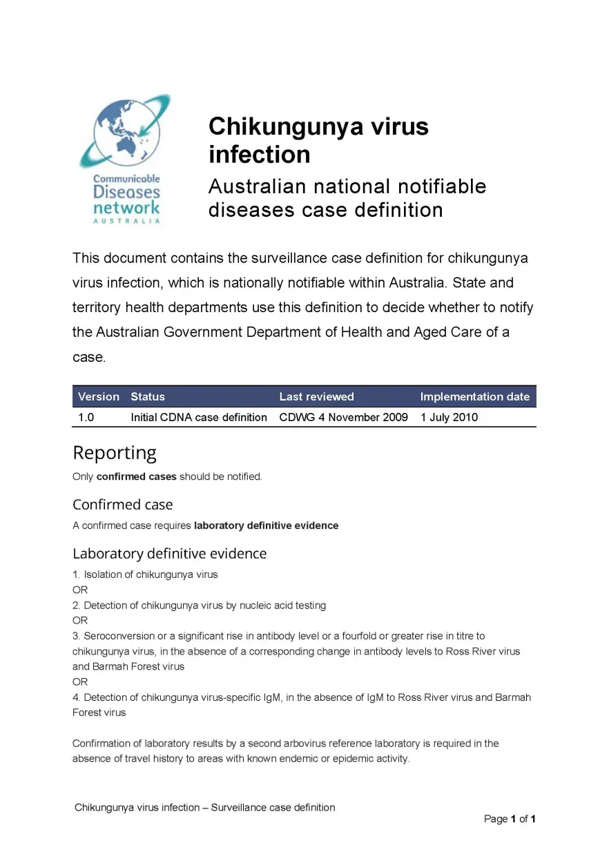 Chikungunya virus infection - Surveillance case definition document