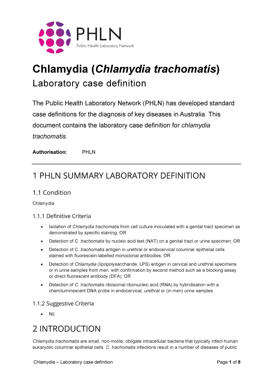 First page of laboratory case definition document