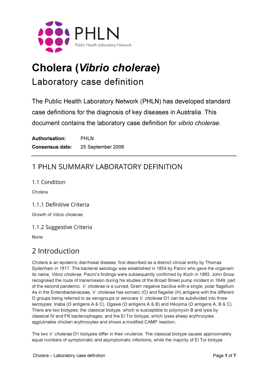 First page of laboratory case definition document