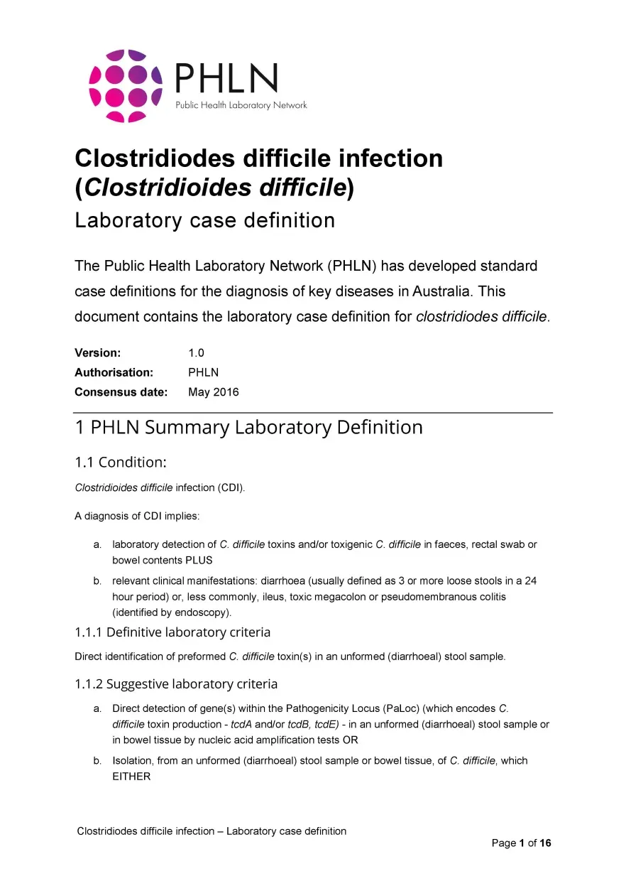 First page of laboratory case definition document