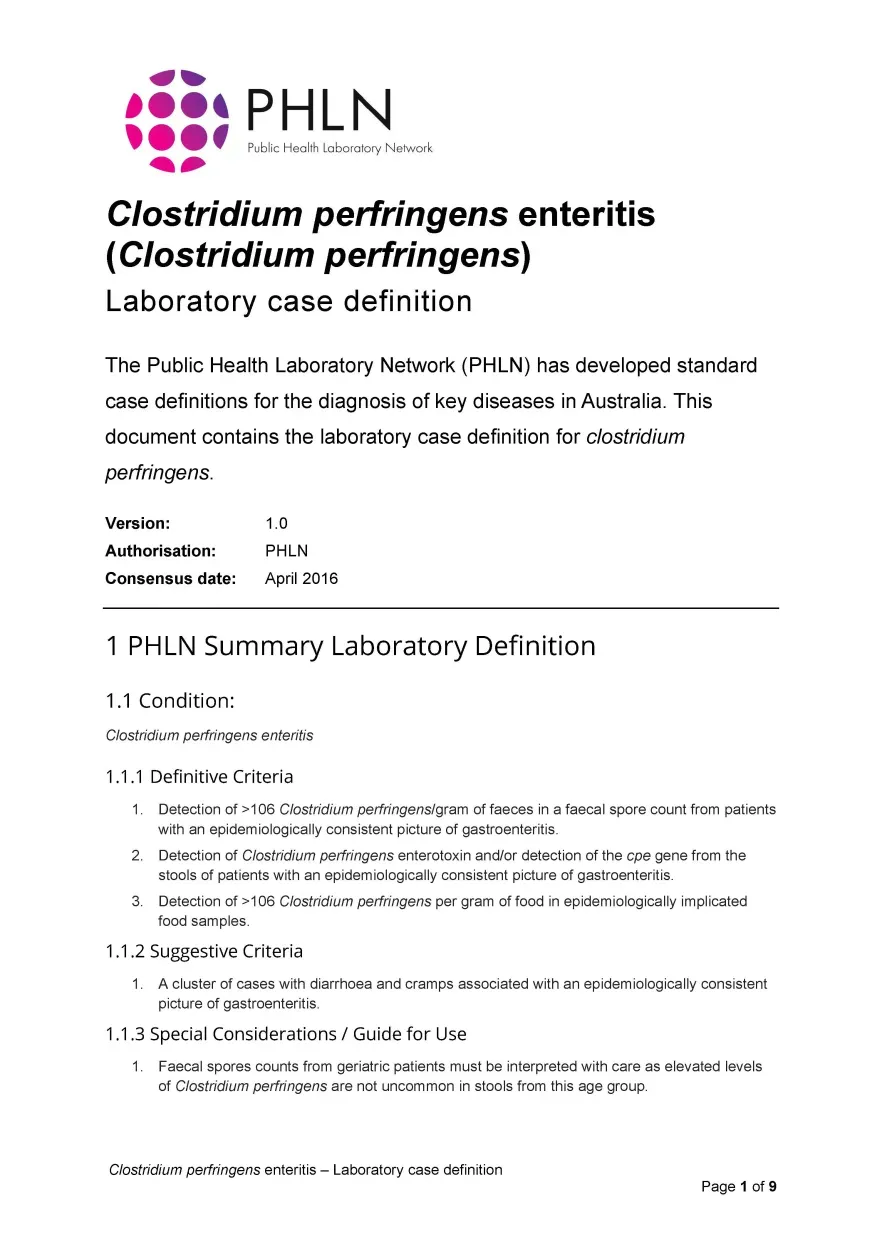 First page of laboratory case definition document