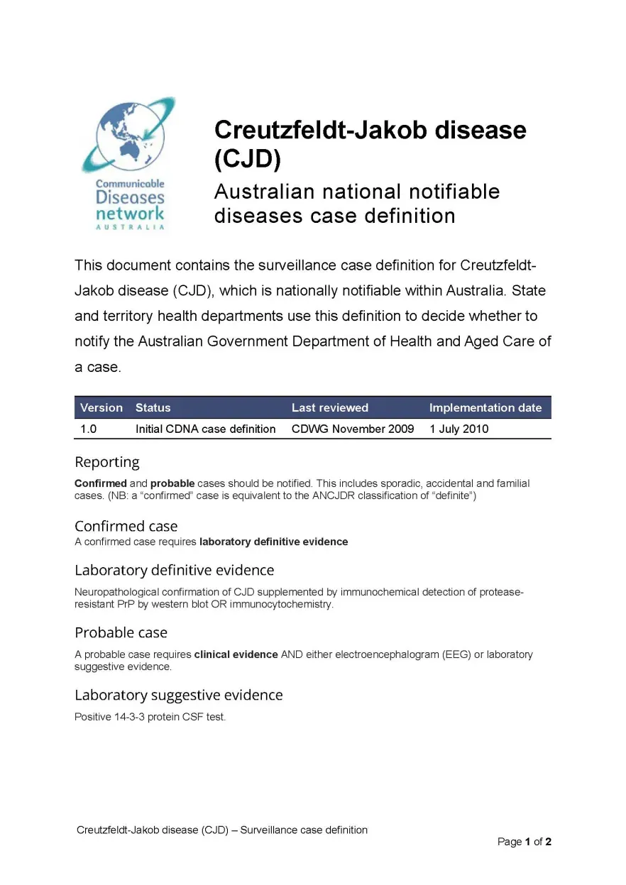Creutzfeldt-Jakob disease (CJD) – Surveillance case definition document