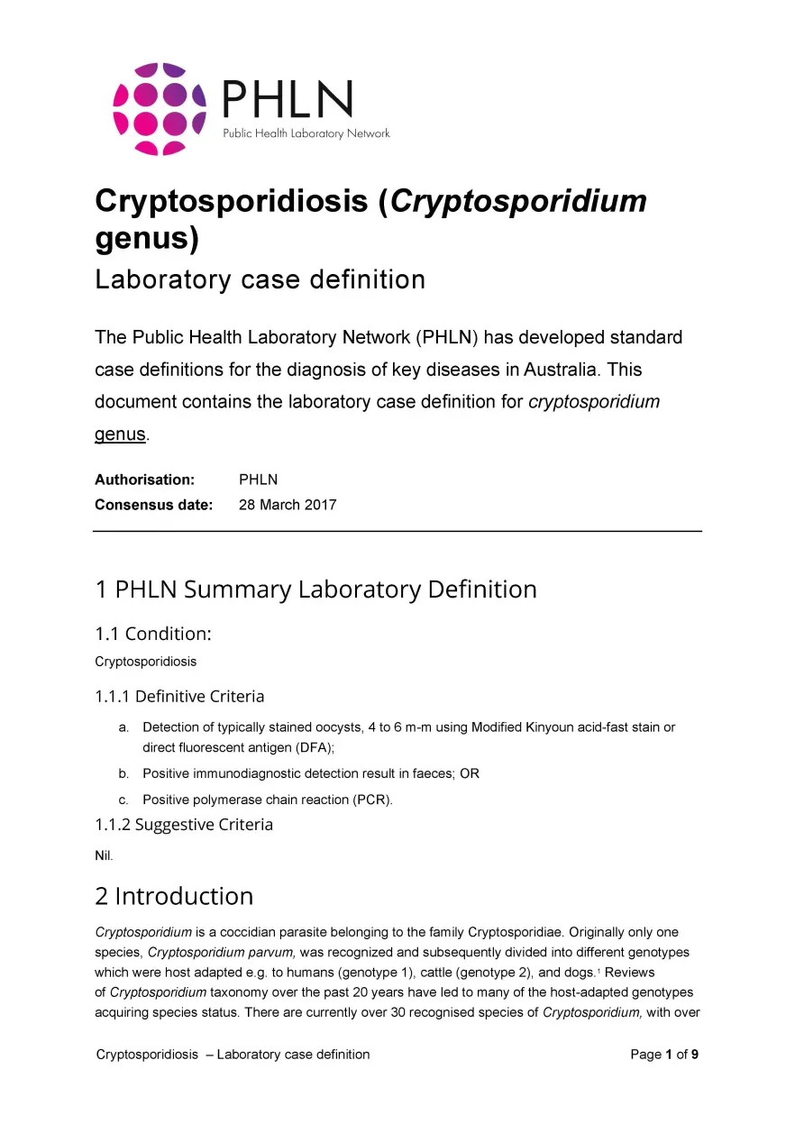 First page of laboratory case definition document