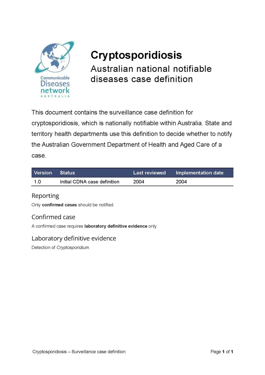 Cryptosporidiosis – Surveillance case definition document