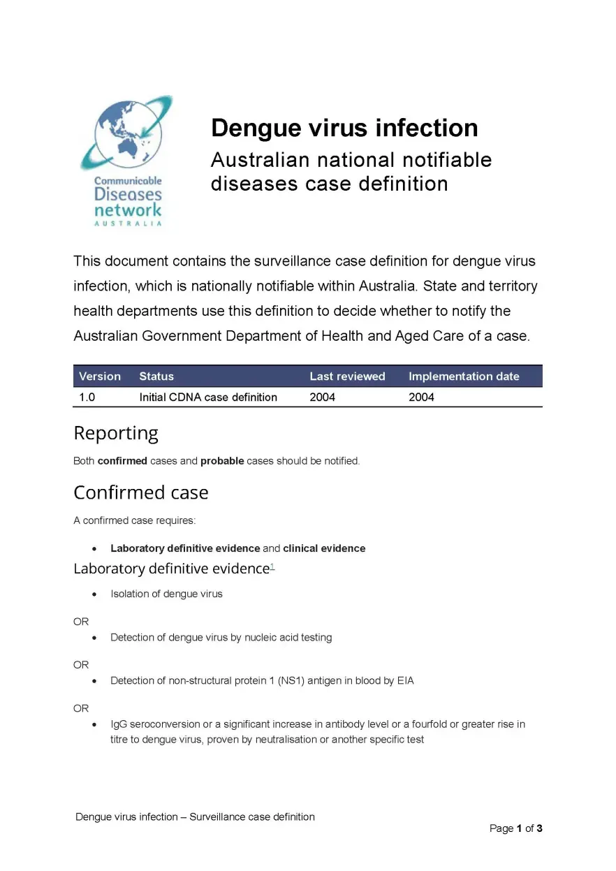 Dengue virus infection – Surveillance case definition document