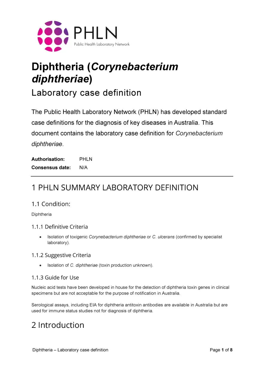 First page of laboratory case definition document