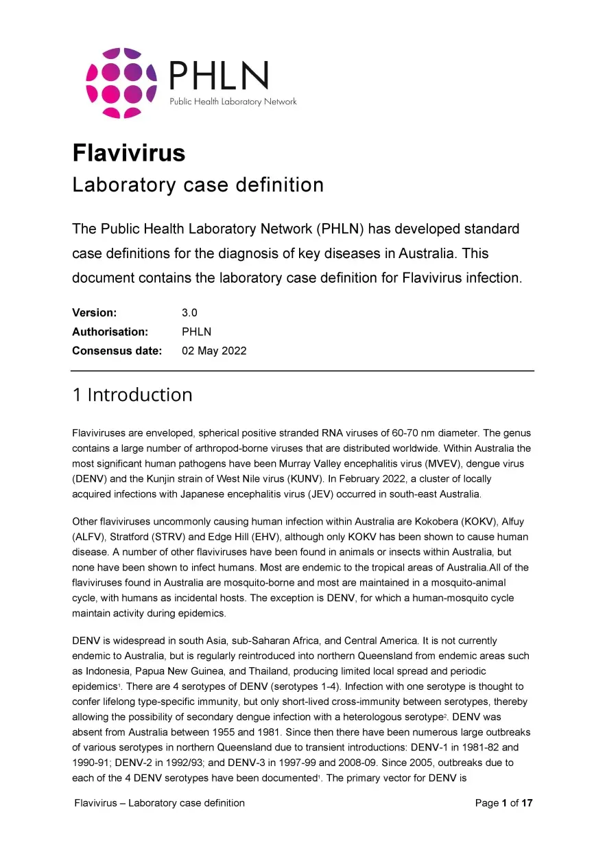 First page of laboratory case definition document