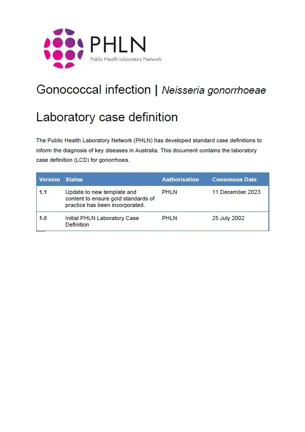 First page of laboratory case definition document