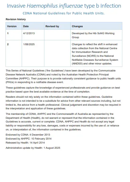 Haemophilus influenzae type b invasive infection – CDNA National Guidelines for Public Health Units