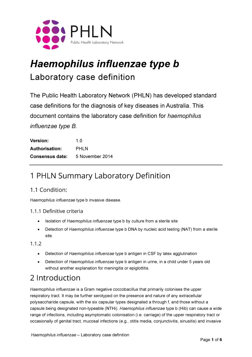 First page of laboratory case definition document