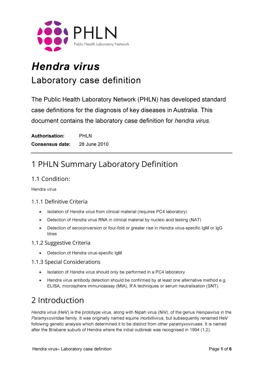 First page of laboratory case definition document