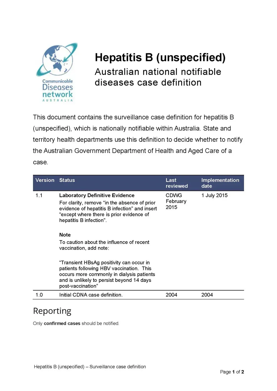 Hepatitis B (unspecified) – Surveillance case definition document