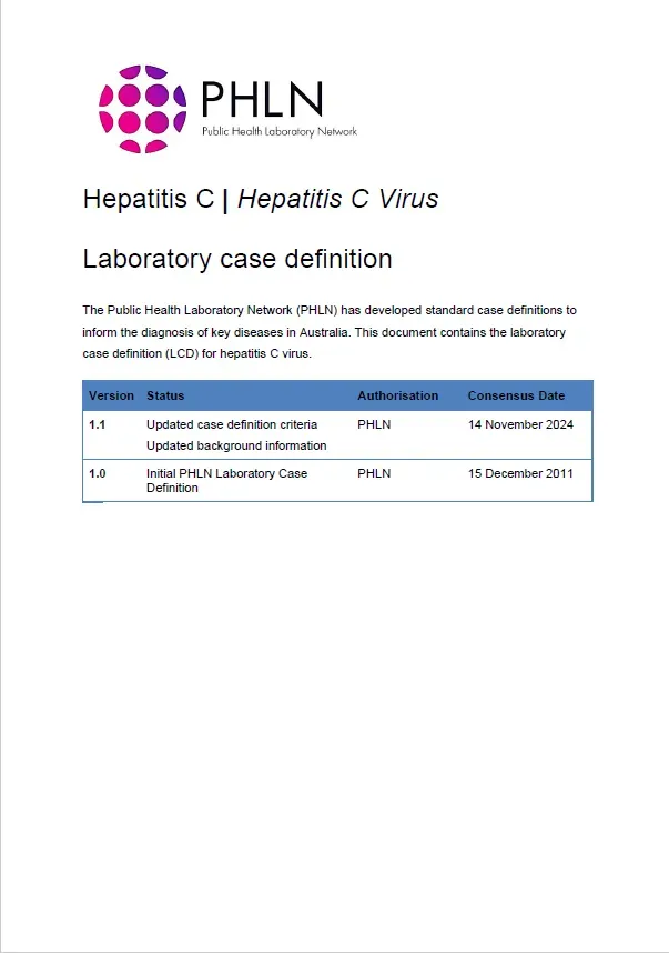 First page of laboratory case definition document