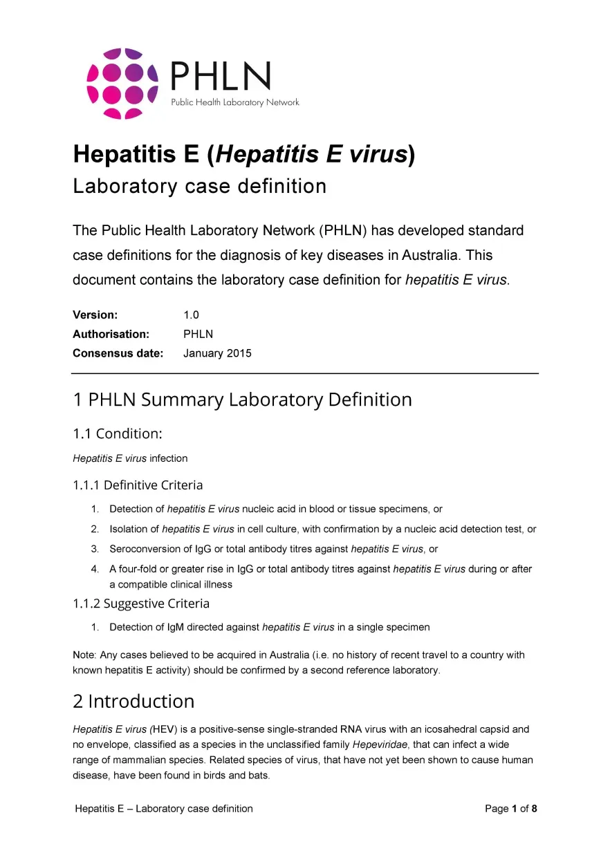 First page of laboratory case definition document