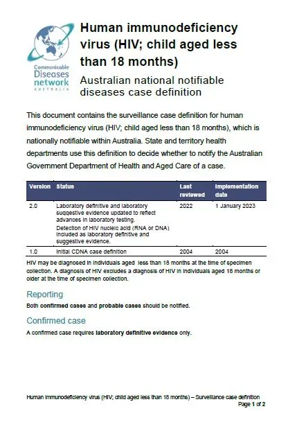 Human immunodeficiency virus (HIV; child aged less than 18 months) – Surveillance case definition document