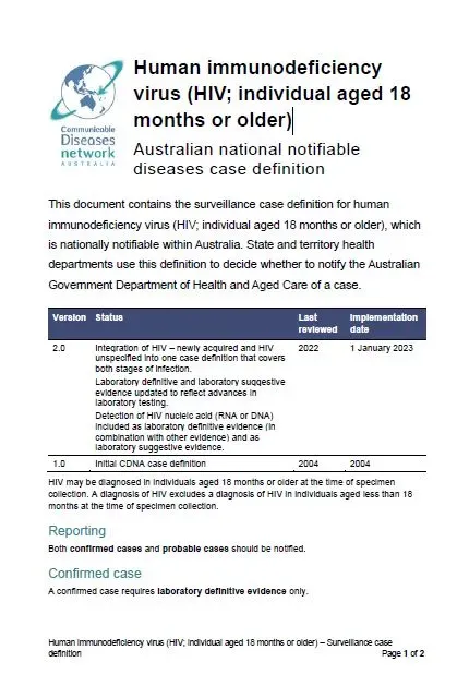Human immunodeficiency virus (HIV; individual aged 18 months or older) – Surveillance case definition document