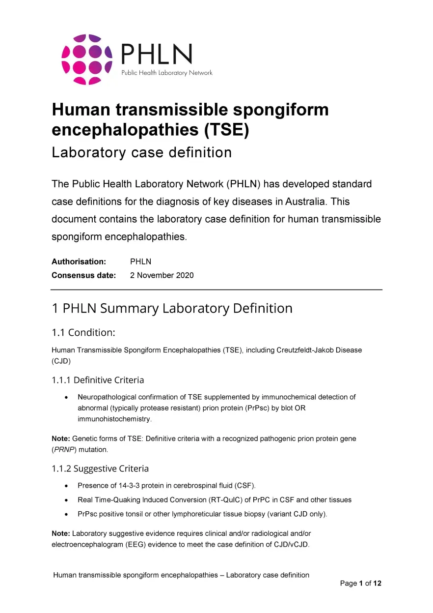 First page of laboratory case definition document