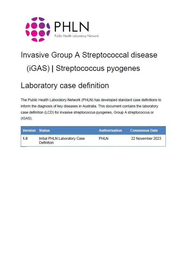 First page of laboratory case definition document