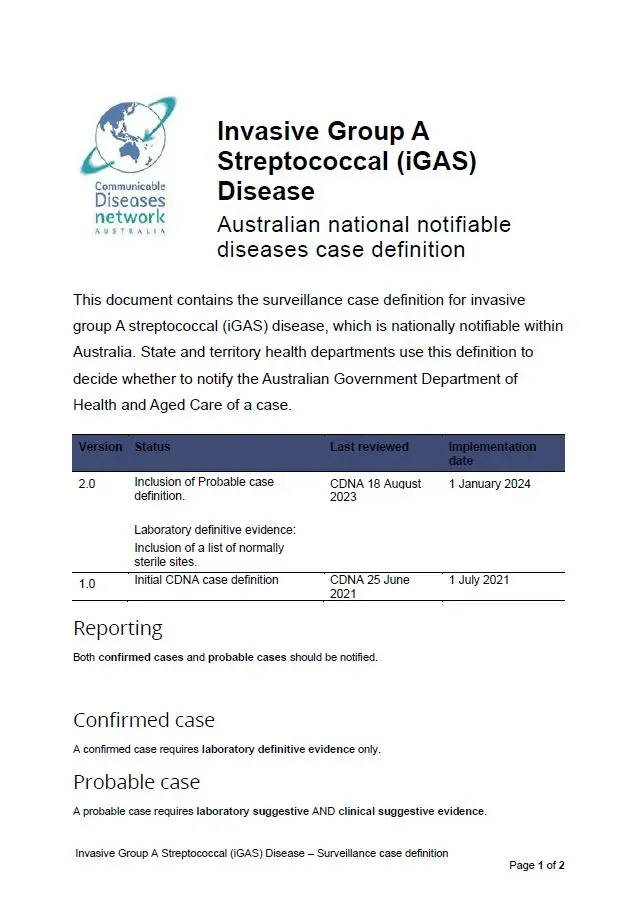 Invasive Group A streptococcal disease (iGAS) – Surveillance case definition document