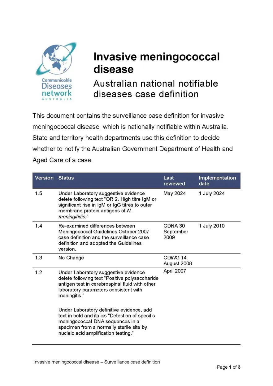 Invasive meningococcal disease – Surveillance case definition document