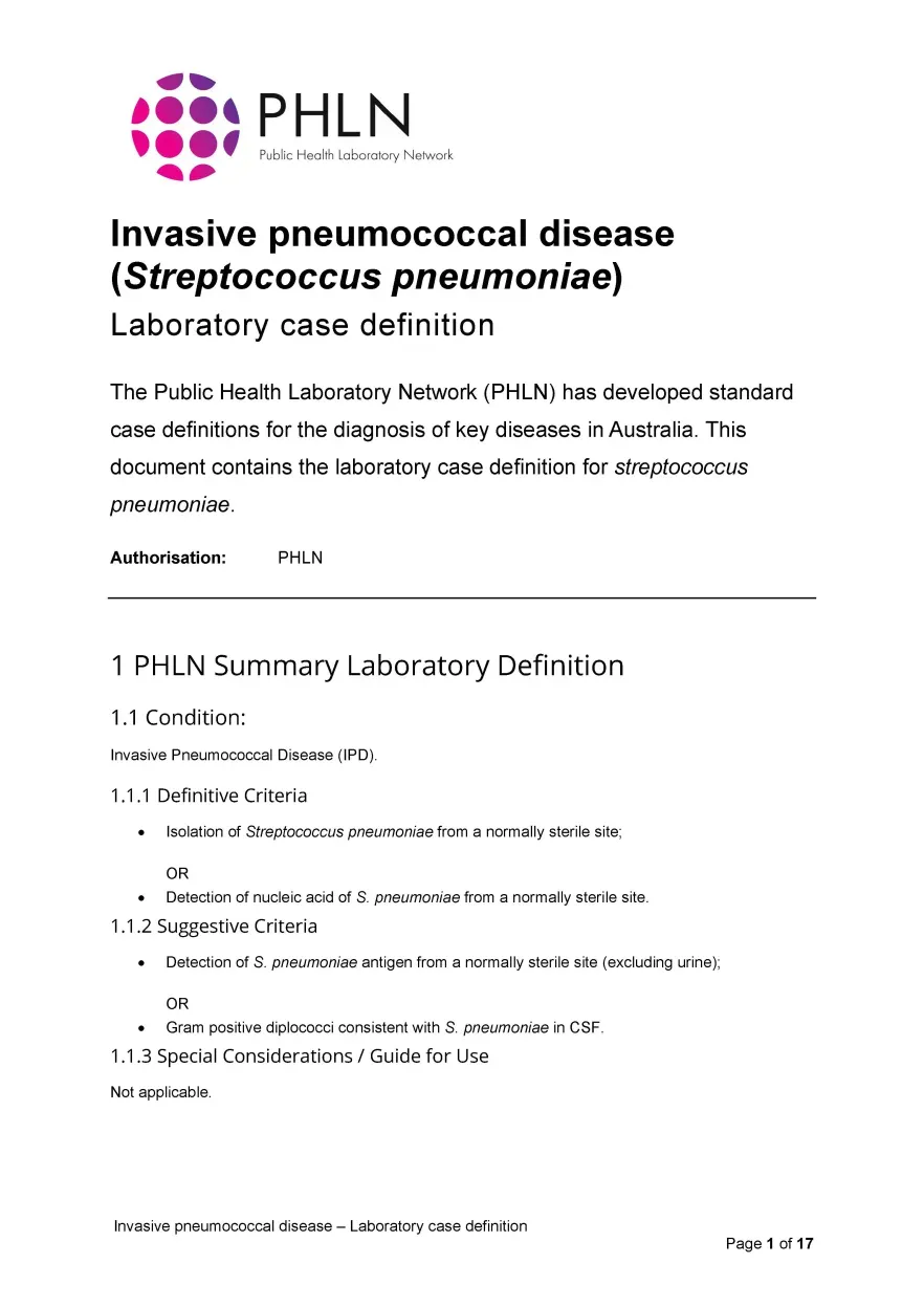 First page of laboratory case definition document
