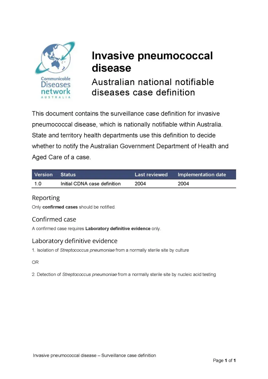 Invasive pneumococcal disease – Surveillance case definition document