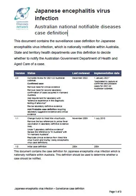 Japanese encephalitis virus infection – Surveillance case definition document