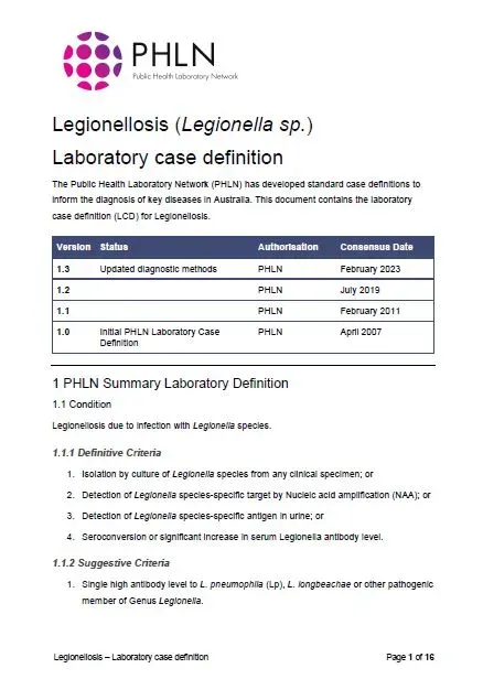 First page of laboratory case definition document