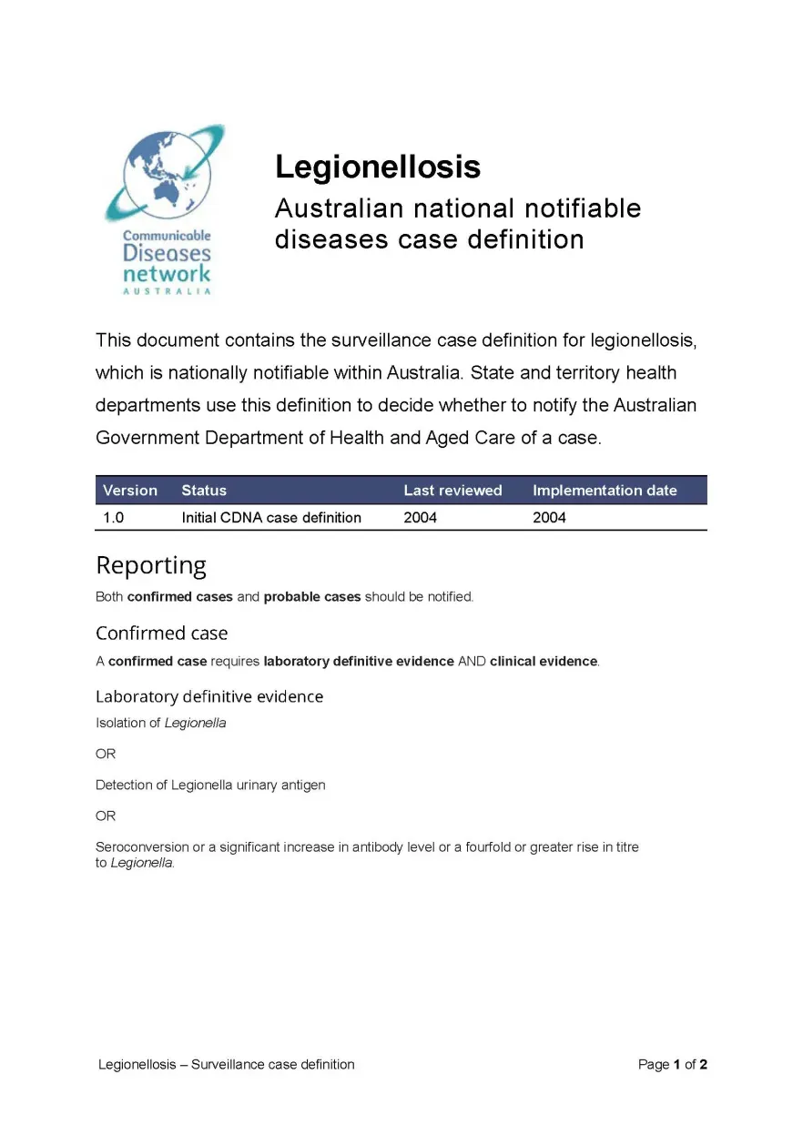 First page of surveillance case definition document