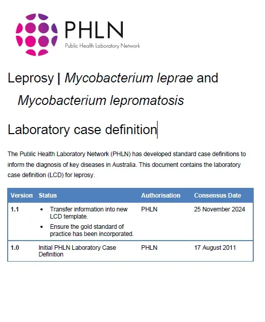 First page of laboratory case definition document