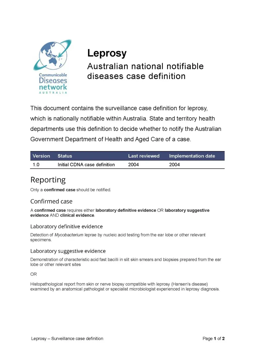 First page of surveillance case definition document