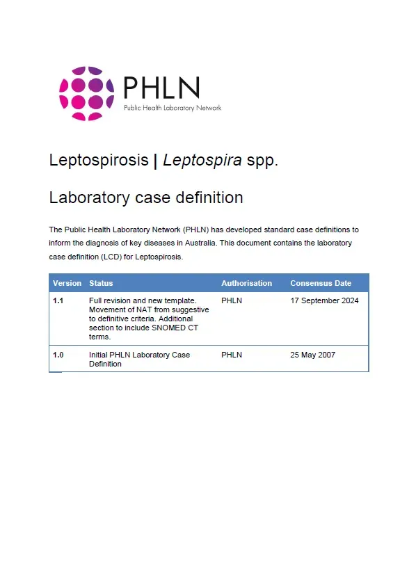 First page of laboratory case definition document