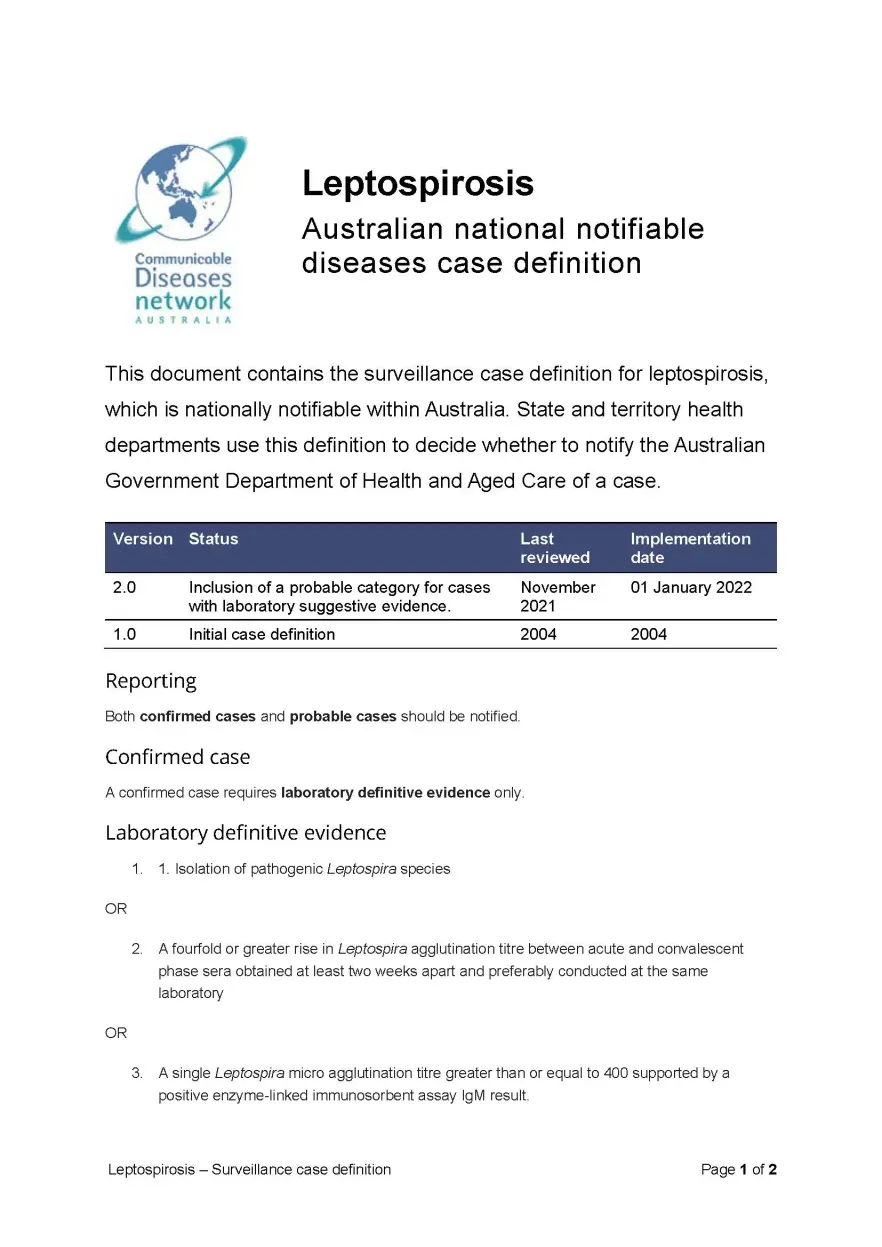 First page of surveillance case definition document