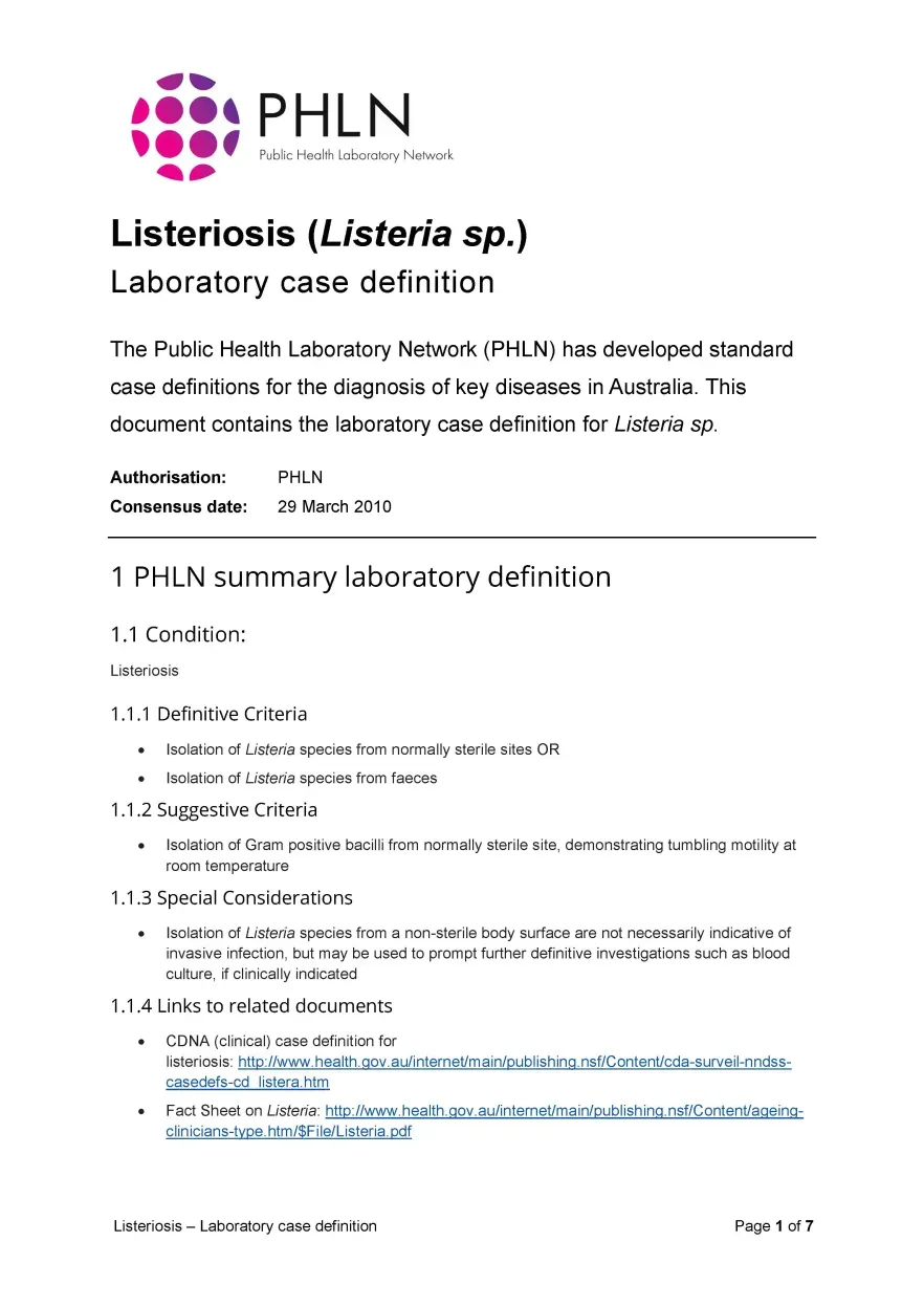 First page of laboratory case definition document
