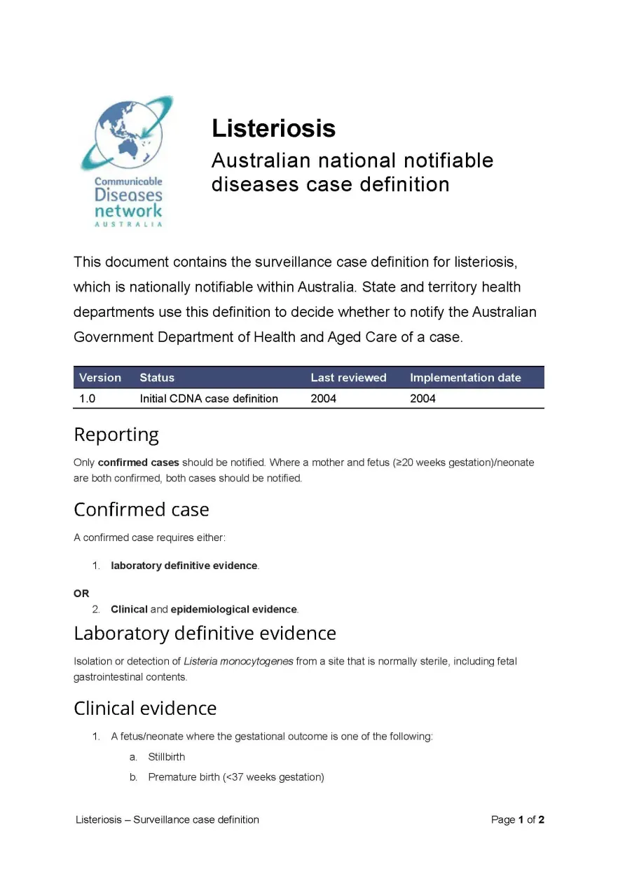 First page of surveillance case definition document