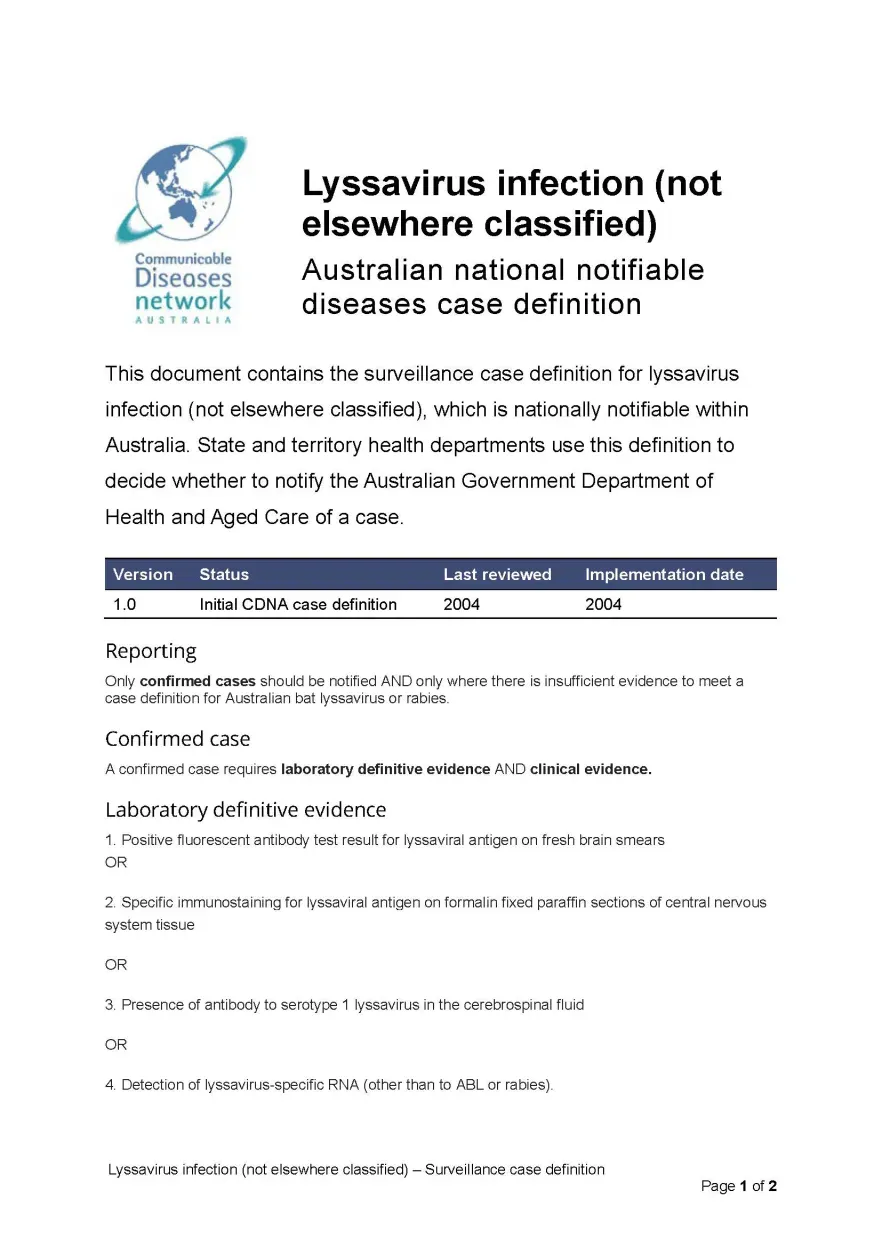 First page of surveillance case definition document