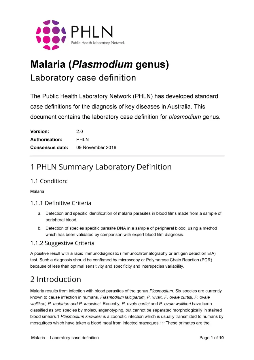 First page of laboratory case definition document
