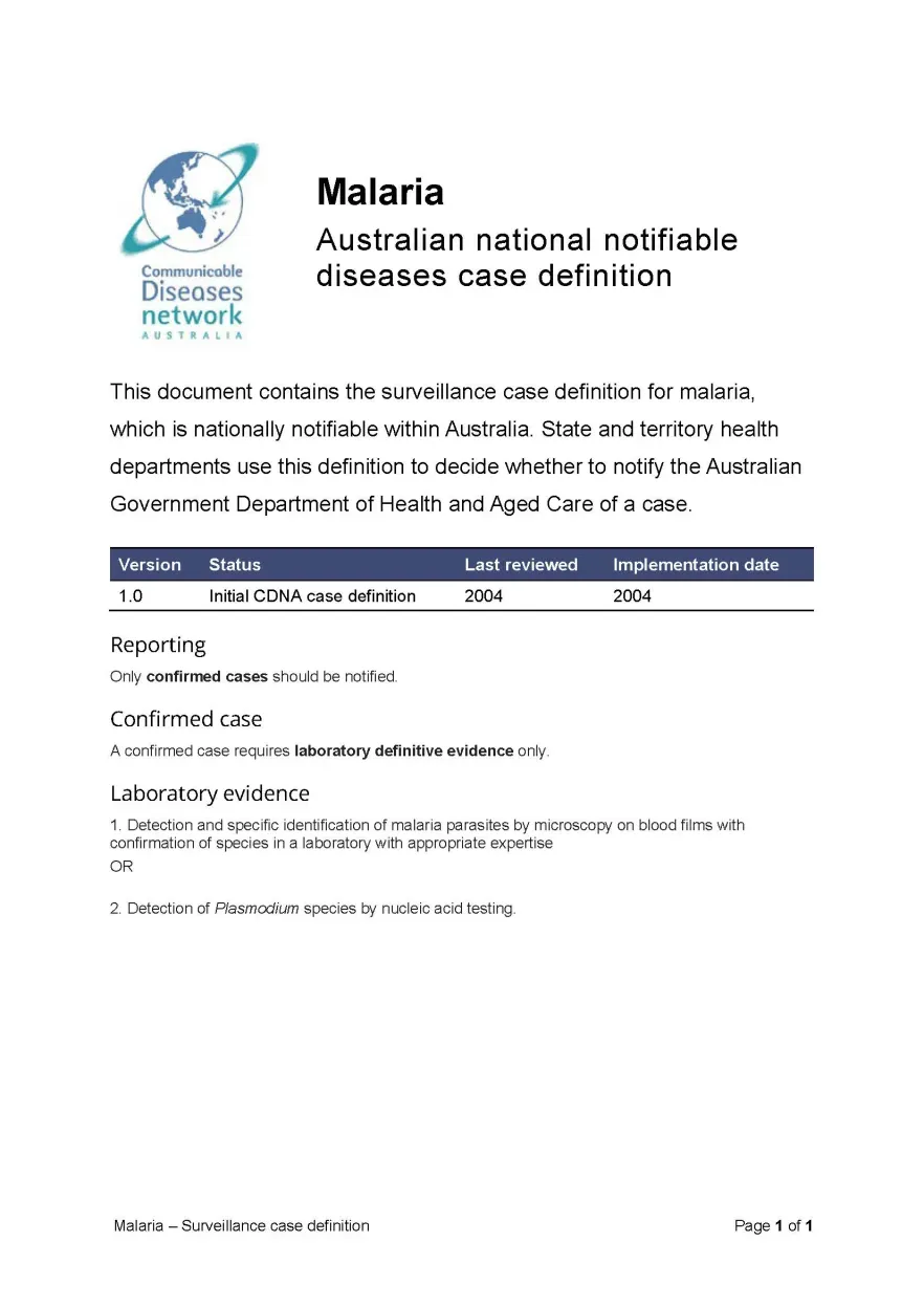 First page of surveillance case definition document