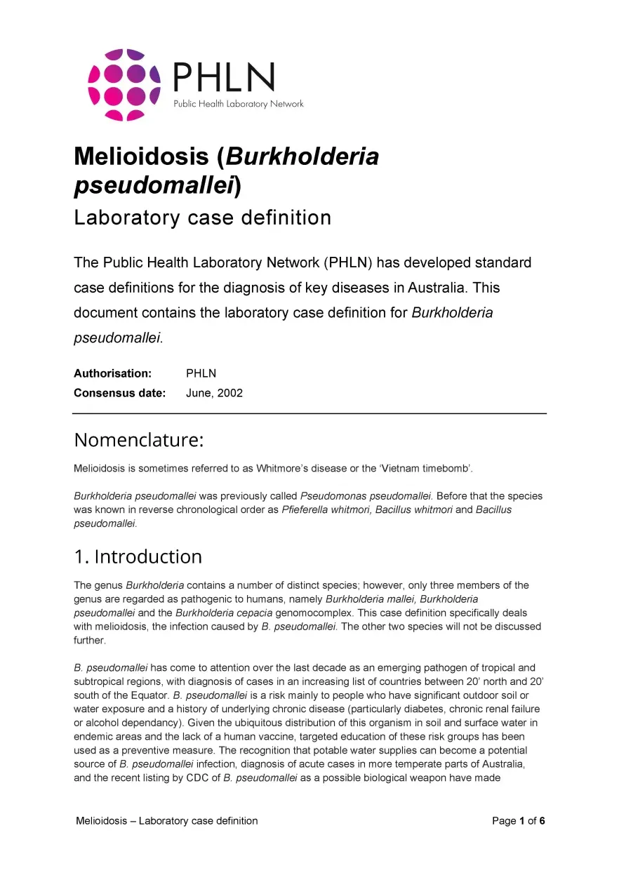 First page of laboratory case definition document